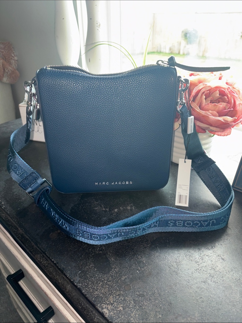 Marc Jacobs Navy Pebbled Leather Crossbody with Branded Webbing Strap